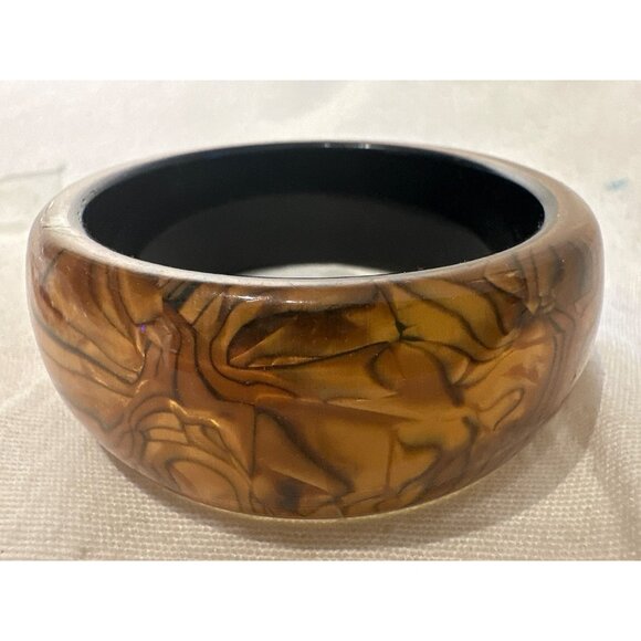 Brown & Black Retro Chunky Resin Bangle Bracelet With Marbled Design Boho Artsy - Picture 4 of 4